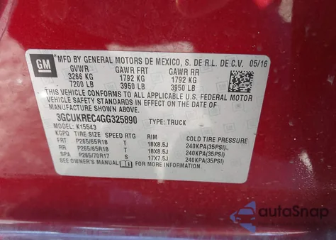 2016 Chevrolet Silverado 1500 2Lt z USA, uszkodzony, nr VIN 3GCUKREC4GG325890